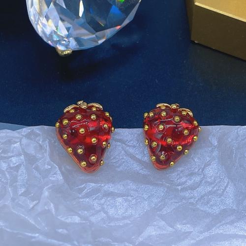 Brass Stud Earring with Resin Strawberry fashion jewelry & for woman red Sold By Pair