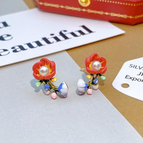 Brass Stud Earring with Plastic Pearl fashion jewelry & for woman & enamel Sold By Pair