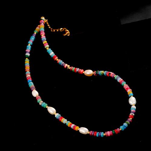 Collier en laiton, avec Pierre naturelle & perle d'eau douce cultivée, avec 5.5cm chaînes de rallonge, bijoux de mode & pour femme, multicolore, Longueur Environ 39 cm, Vendu par PC