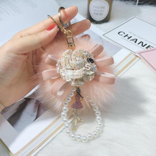 Zinc Alloy Key Clasp with Fox Hair & Velveteen & Plastic Pearl multifunctional & for woman 80mm Sold By PC