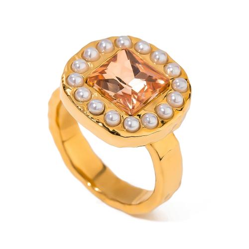 Anillo de dedo acero inoxidable del Rhinestone, acero inoxidable 304, con Perlas plásticas, 18K chapado en oro, Joyería & para mujer & con diamantes de imitación, Vendido por UD