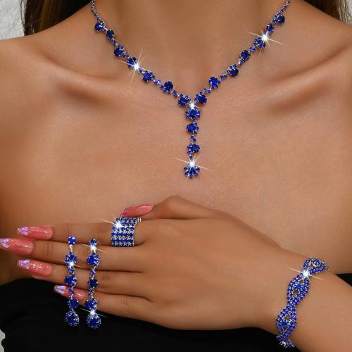 Brass Jewelry Set finger ring & bracelet & earring & necklace with Rhinestone plated 4 pieces & for woman Sold By Set