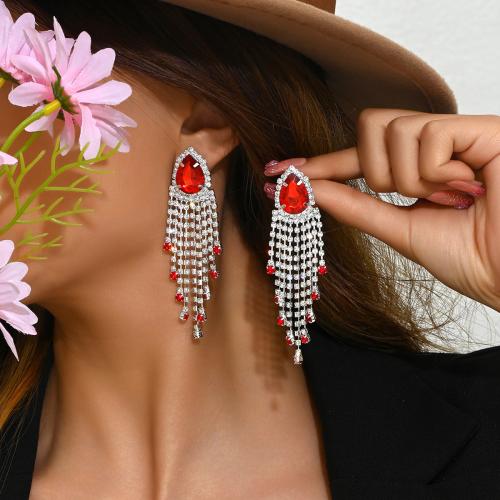 Messing Tassel Earring, med Rhinestone, forgyldt, mode smykker & for kvinde, flere farver til valg, 25x85mm, Solgt af par