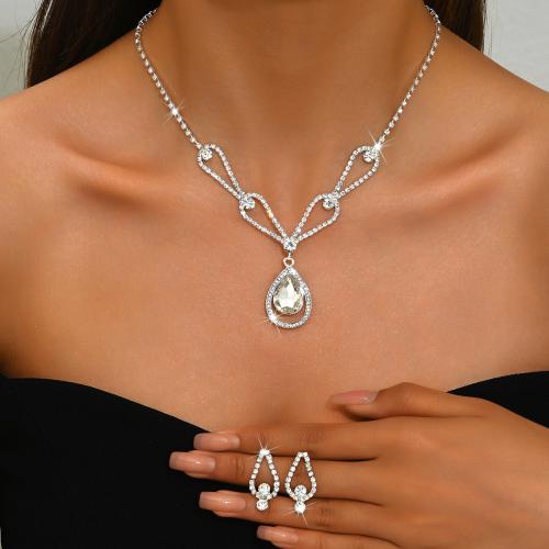 Brass Jewelry Set earring & necklace with Rhinestone Teardrop plated 2 pieces & for woman & hollow silver color Sold By Set