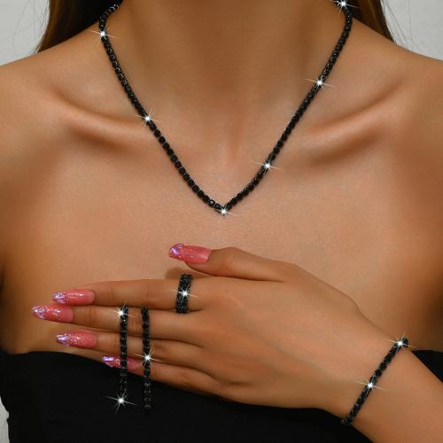 Brass Jewelry Set finger ring & bracelet & earring & necklace plated 4 pieces & for woman & with rhinestone Sold By Set