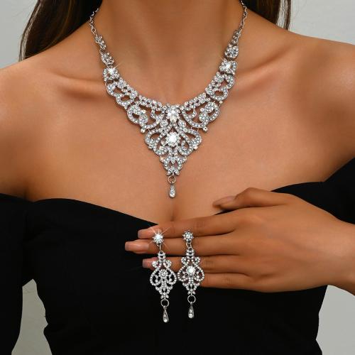 Zinc Alloy Jewelry Set, earring & necklace, plated, 2 pieces & for woman & with rhinestone, more colors for choice, Sold By Set