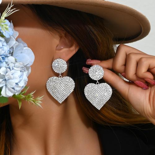 Brass Drop Earring with Rhinestone Heart plated fashion jewelry & for woman silver color Sold By Pair