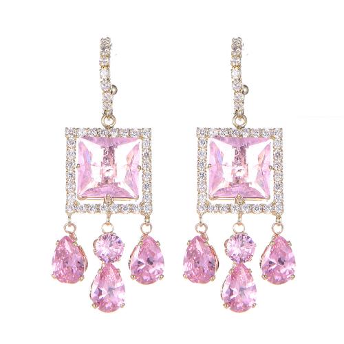 Boucles d'oreilles en laiton zircon cubique pavent, bijoux de mode & pavé de micro zircon & pour femme, rose, 55x20mm, Vendu par paire