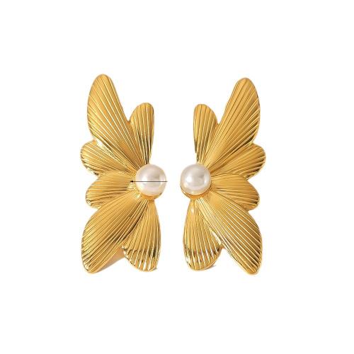 Roestvrij staal Stud Earrings, 304 roestvrij staal, met Plastic Pearl, mode sieraden & voor vrouw, gouden, 15x39.40mm, Verkocht door pair