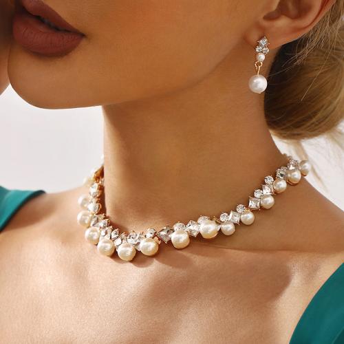 Zinc Alloy Jewelry Sets earring & necklace with Plastic Pearl plated 2 pieces & fashion jewelry & with rhinestone nickel lead & cadmium free Sold By Set