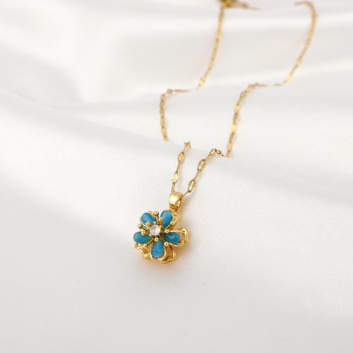 Collier en laiton cubique Zircon Micro Pave, avec pierre gemme, fleur, Placage de couleur d'or, bijoux de mode & pavé de micro zircon, doré, protéger l'environnement, sans nickel, plomb et cadmium, 14x14mm, Longueur 45 cm, Vendu par PC