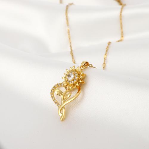 Cubic Zircon Micro Pave Brass Necklace Flower gold color plated fashion jewelry & micro pave cubic zirconia golden nickel lead & cadmium free Length 45 cm Sold By PC