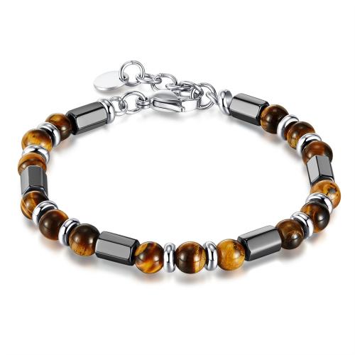 Rustfrit stål smykker Armbånd, 304 rustfrit stål, med Tiger Eye, med 25mm extender kæde, mode smykker & for mennesket, Længde 190 mm, Solgt af PC