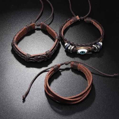 Zinc Alloy Bracelet PU Leather with Wax Cord & Wood & Zinc Alloy handmade three pieces & fashion jewelry & for man Sold By Set