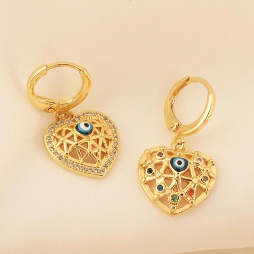 Cubic Zirconia Micro Pave Brass Earring Heart plated & micro pave cubic zirconia & for woman & enamel golden Sold By Pair