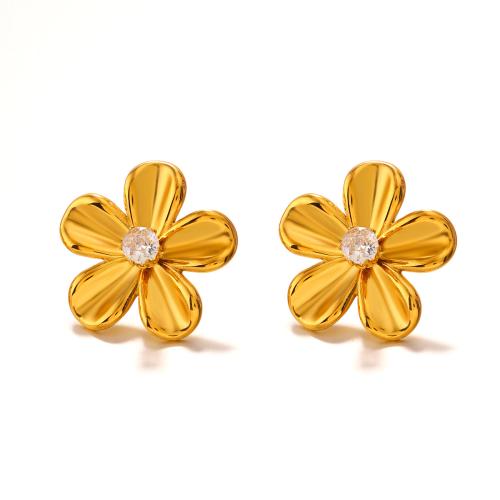 Rostfritt stål Stud Örhängen, 304 rostfritt stål, Blomma, 18K guldpläterad, mode smycken & micro bana cubic zirconia & för kvinna, gyllene, 25x25mm, Säljs av Par