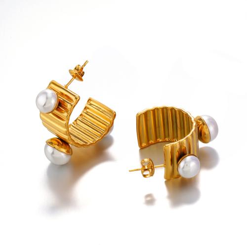 Roestvrij staal Stud Earrings, 304 roestvrij staal, met Plastic Pearl, 18K verguld, mode sieraden & voor vrouw, gouden, 14x35mm, Verkocht door pair