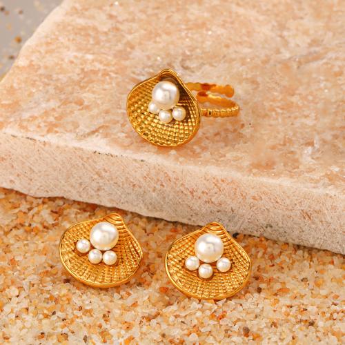 Fashion Stainless Steel Jewelry Sets 304 Stainless Steel with Plastic Pearl Shell fashion jewelry & for woman golden Sold By PC