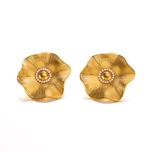 Roestvrij staal Stud Earrings, 304 roestvrij staal, met Plastic Pearl, Bloem, 18K verguld, mode sieraden & voor vrouw, gouden, 34x34mm, Verkocht door pair