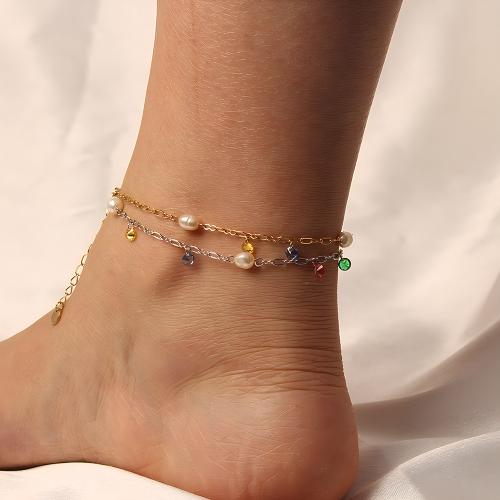 Mode Smycken Anklet, Titan Stål, med Plast Pearl, med 5cm extender kedja, plated, micro bana cubic zirconia, fler färger för val, Längd 20 cm, Säljs av PC