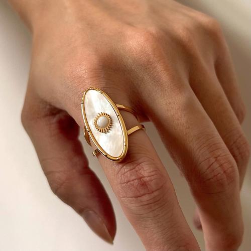 Titanium Steel Finger Ring with White Shell & Plastic Pearl gold color plated fashion jewelry golden Sold By PC