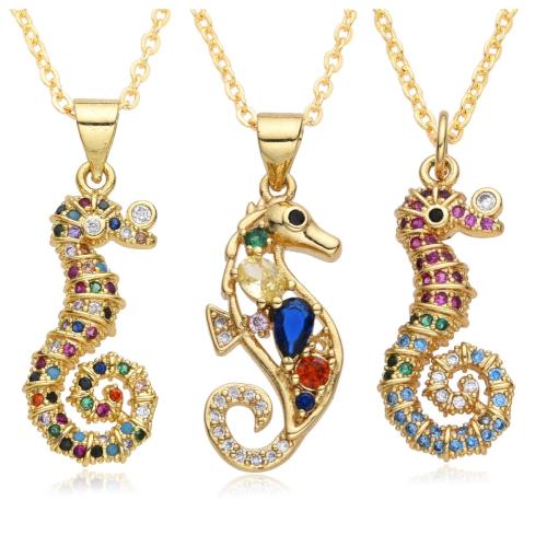 Cubic Zircon Micro Pave Brass Necklace Seahorse plated & micro pave cubic zirconia & for woman golden Length Approx 41-50 cm Sold By PC