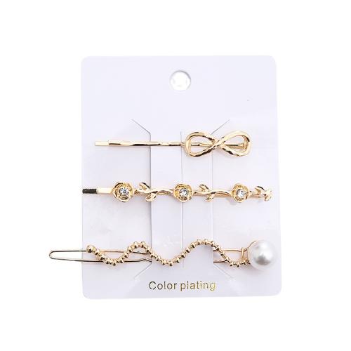 Hair Slide Zinc Alloy with Plastic Pearl plated three pieces & for woman & with rhinestone golden Sold By Set