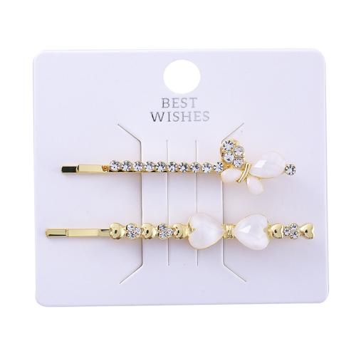 Hair Slide Zinc Alloy with Cats Eye handmade 2 pieces & for woman & with rhinestone golden Sold By Set