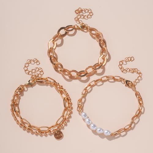 Zinc Alloy Bracelet Ring with Plastic Pearl & Aluminum & Brass & Iron plated three pieces & for woman golden Sold By Set