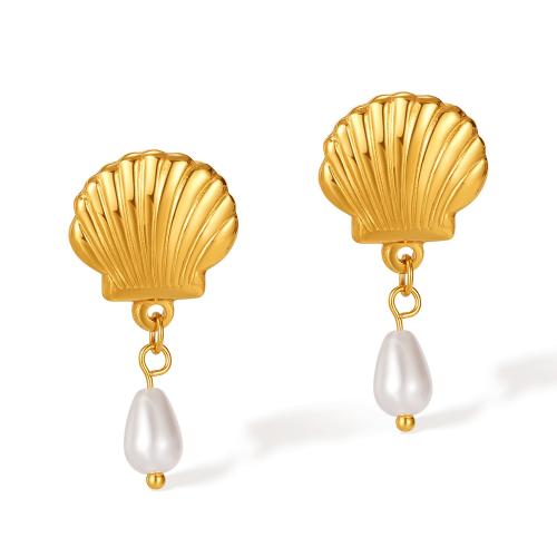 Roestvrij staal Stud Earrings, 304 roestvrij staal, met Plastic Pearl, plated, voor vrouw, gouden, Verkocht door pair