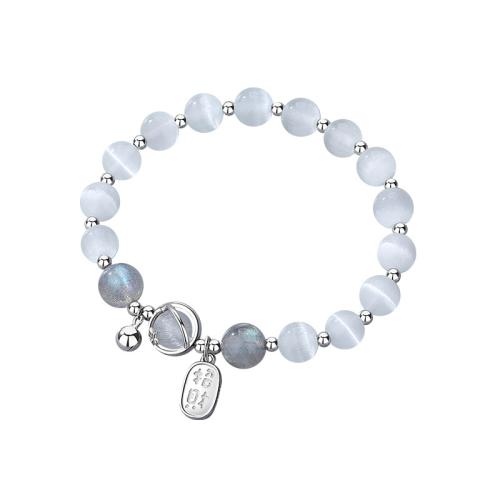 Oeil de chat bracelet, avec Labradorite & Argent sterling 925, Plaqué de platine, bijoux de mode & pour femme, Diamètre intérieur:Environ 60mm, Vendu par PC