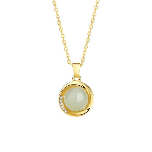 Argent sterling 925 collier, avec Hetian Jade, avec 2inch chaînes de rallonge, Placage de couleur d'or, pavé de micro zircon & pour femme, Longueur Environ 15.7 pouce, Vendu par PC