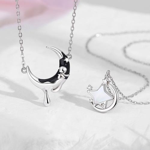 925 Sterling Silver Couple Necklace with Shell Moon and Star oval chain & for couple Sold By PC