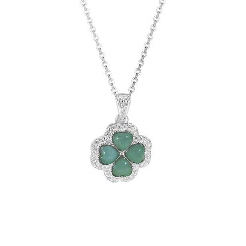 Argent sterling 925 collier, avec jade, avec 2inch chaînes de rallonge, Trèfle à quatre feuilles, Plaqué de platine, chaîne ovale & pavé de micro zircon & pour femme, Longueur Environ 15.7 pouce, Vendu par PC