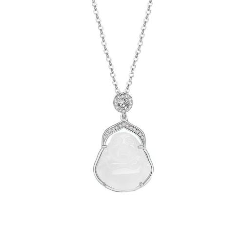 925 Sterling Silver Necklace with White Chalcedony with 2inch extender chain Buddha oval chain & micro pave cubic zirconia & for woman Length Approx 15.7 Inch Sold By PC