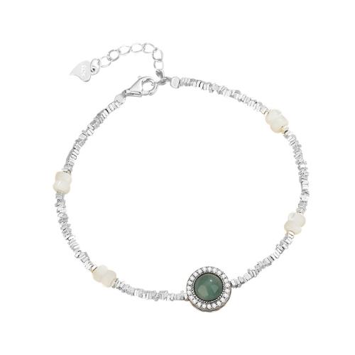 Argent sterling 925 bracelet, avec jade & coquille, avec 1.2inch chaînes de rallonge, pavé de micro zircon & pour femme, Longueur Environ 6.3 pouce, Vendu par PC