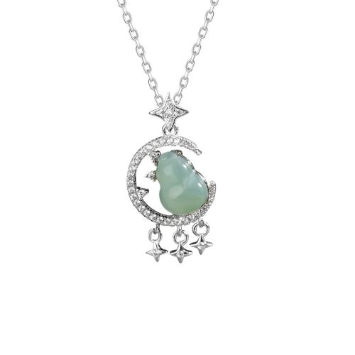 Argent sterling 925 collier, avec jade, avec 2inch chaînes de rallonge, Lune et Etoile, Plaqué de platine, chaîne ovale & pavé de micro zircon & pour femme, Longueur Environ 15.7 pouce, Vendu par PC