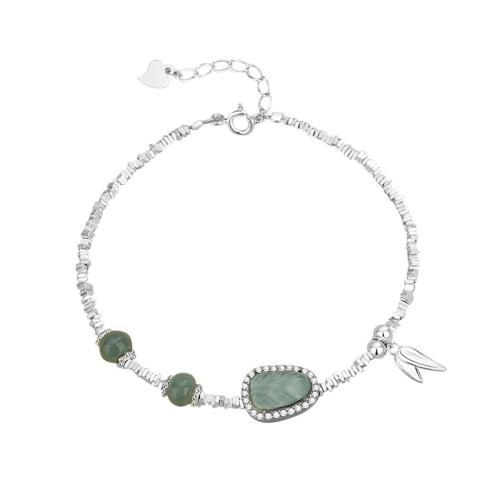 925 de prata esterlina pulseira, with Jadite, with 1.2inch extender chain, Folha, micro pavimento em zircônia cúbica & para mulher, prateado, comprimento Aprox 6.3 inchaltura, vendido por PC