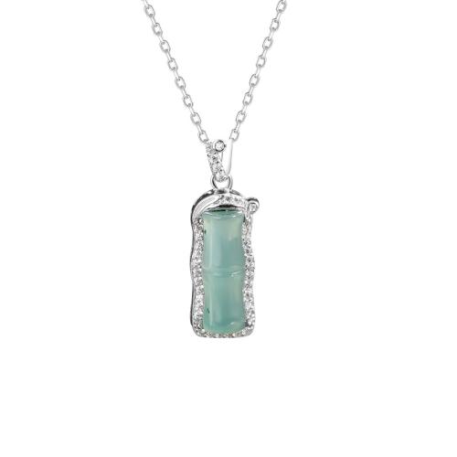 Argent sterling 925 collier, avec jade, avec 2inch chaînes de rallonge, bambou, Plaqué de platine, chaîne ovale & pavé de micro zircon & pour femme, Longueur Environ 15.7 pouce, Vendu par PC