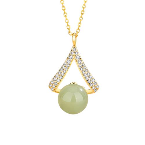 Argent sterling 925 collier, avec Hetian Jade, avec 2inch chaînes de rallonge, larme, Placage de couleur d'or, chaîne ovale & pavé de micro zircon & pour femme, Longueur Environ 15.7 pouce, Vendu par PC