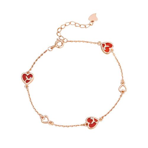 Argent sterling 925 bracelet, avec agate rouge, avec 1.2inch chaînes de rallonge, coeur, Plaqué de couleur d'or rose, pavé de micro zircon & pour femme & creux, Longueur Environ 6.3 pouce, Vendu par PC