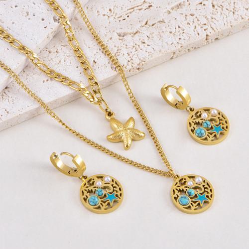 Jewelry Sets Stud Earring & necklace Titanium Steel with turquoise & Plastic Pearl Round gold color plated & for woman & enamel Sold By Pair