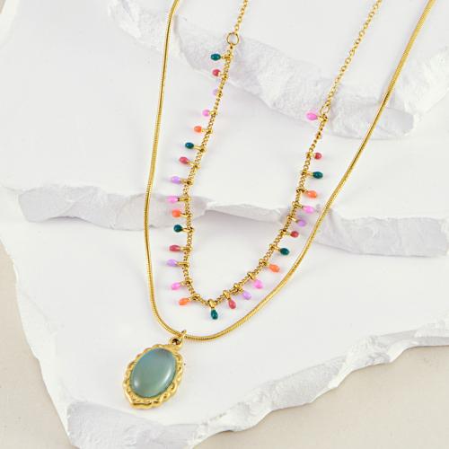 Titanium Steel Necklace with Cats Eye gold color plated Double Layer & for woman & enamel mixed colors Sold By PC