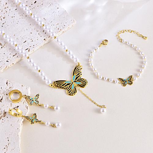 Jewelry Sets bracelet & earring & necklace Titanium Steel with Plastic Pearl Butterfly gold color plated & for woman & enamel Sold By PC