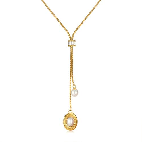 Collier d'acier titane, avec perle de plastique, Placage, pavé de micro zircon & pour femme, doré, Vendu par PC