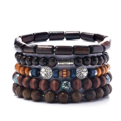 Zinc Alloy Bracelet with Wood & Copper Coated Plastic & Acrylic 5 pieces & for man mixed colors Sold By Set