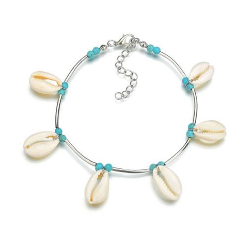 Bracelet de cheville en alliage de zinc, avec spandexfibre élastique & turquoise & coquille & laiton & fer, styles différents pour le choix & pour femme, plus de couleurs à choisir, Longueur Environ 27 cm, Vendu par PC