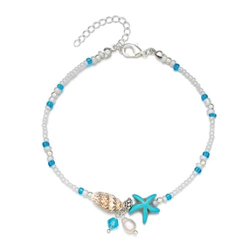 Bracelet de cheville en alliage de zinc, avec Seedbead & turquoise & coquille & perle d'eau douce cultivée & plastique revêtu de cuivre & laiton & fer, pour femme, plus de couleurs à choisir, Vendu par PC