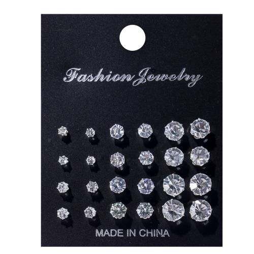 Brass Stud Earring with 304 Stainless Steel & micro pave cubic zirconia & for woman silver color Sold By Set