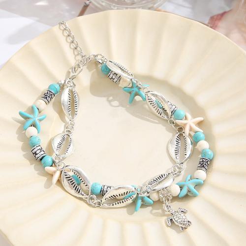 Bracelet de cheville en alliage de zinc, avec turquoise, pour femme, couleur platine, Vendu par PC